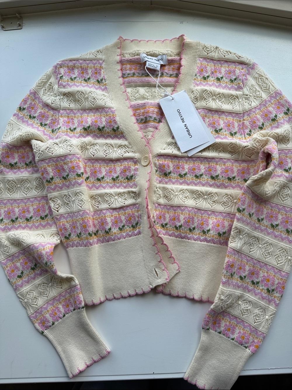 Urban Revivo Cream & Pink Floral Knit Cardigan